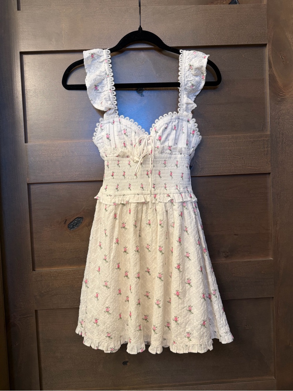 For Love & Lemons mini dress with Pink Floral Embroidery and lace